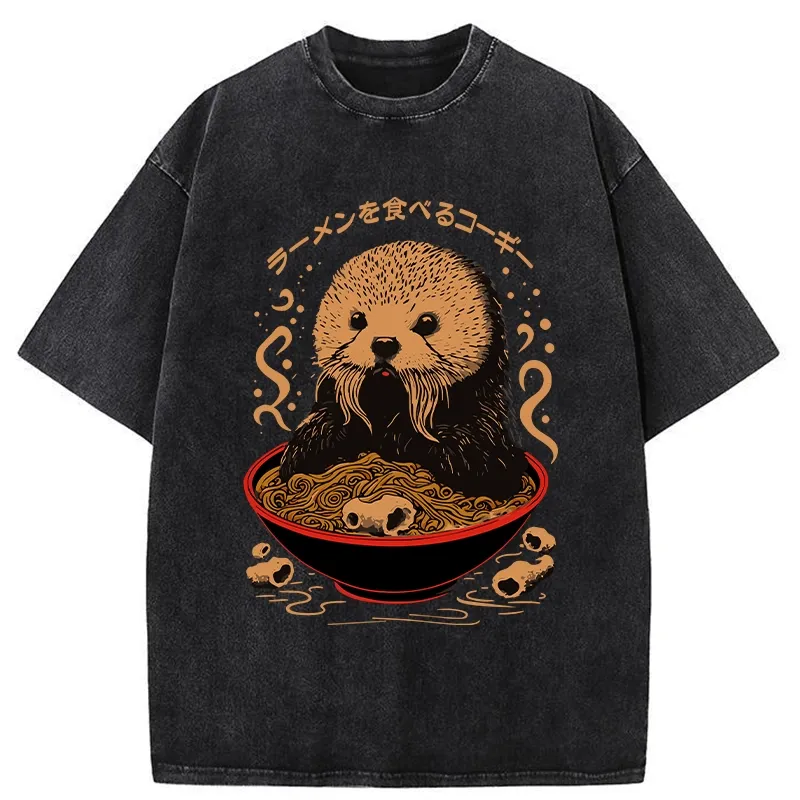 Tokyo-Tiger Otter Eating Ramen Washed T-Shirt