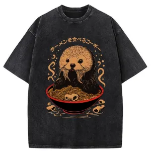 Image of Tokyo-Tiger Otter Eating Ramen Washed T-Shirt