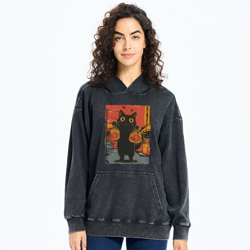 Tokyo-Tiger Cat Fishing Japanese Washed Hoodie