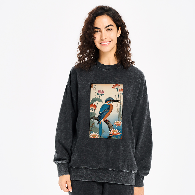Tokyo-Tiger Ukiyo-e Kingfisher Washed Sweatshirt