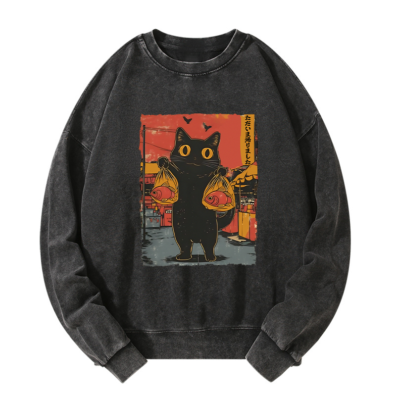 Tokyo-Tiger Cat Fishing Japanese Washed Sweatshirt
