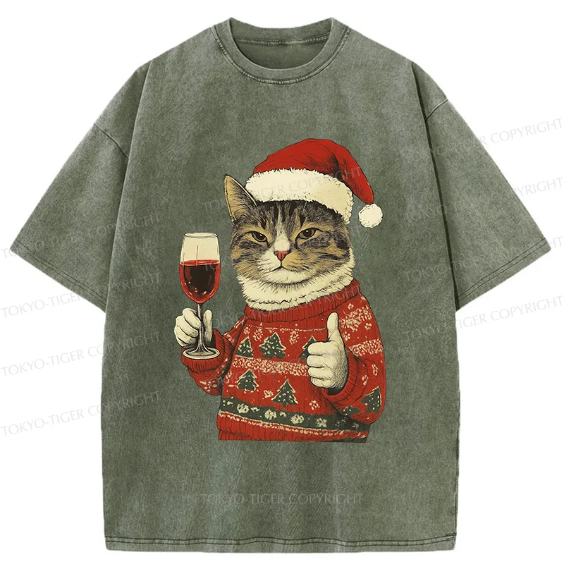 Tokyo-Tiger Christmas Cat Likes Washed T-Shirt