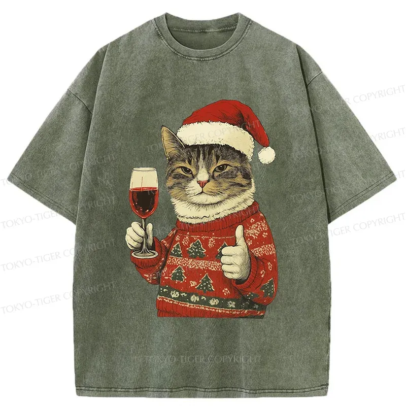 Tokyo-Tiger Christmas Cat Likes Washed T-Shirt