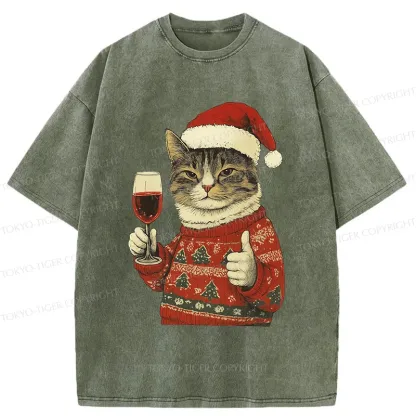 Tokyo-Tiger Christmas Cat Likes Washed T-Shirt