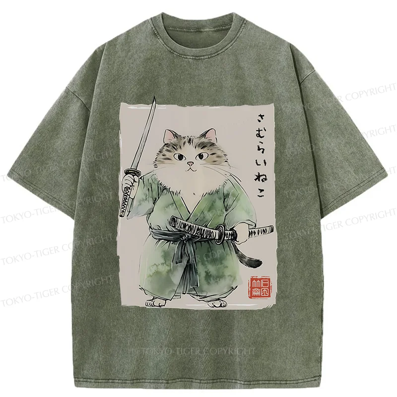 Tokyo-Tiger Fat Cat Samurai Washed T-Shirt