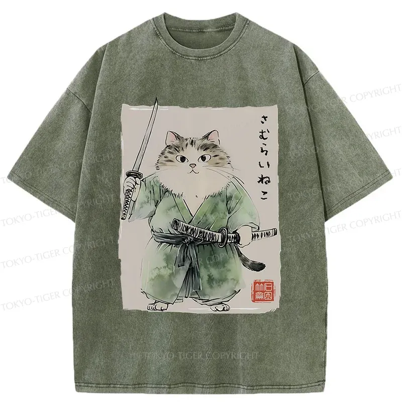 Tokyo-Tiger Fat Cat Samurai Washed T-Shirt