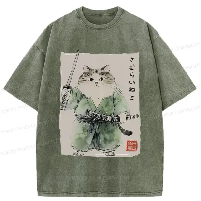 Tokyo-Tiger Fat Cat Samurai Washed T-Shirt