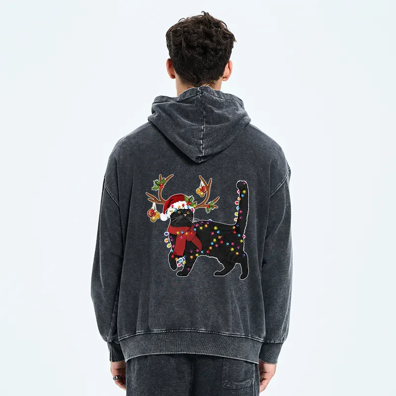 Tokyo-Tiger Christmas Black Cat Washed Zip Hoodie