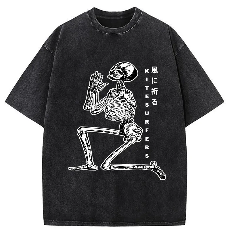 Tokyo-Tiger Kneeling Praying Skeleton Washed T-Shirt