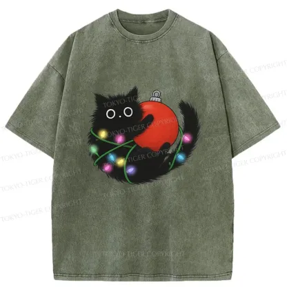 Tokyo-Tiger Black Cat Entangled In Light Strips Washed T-Shirt