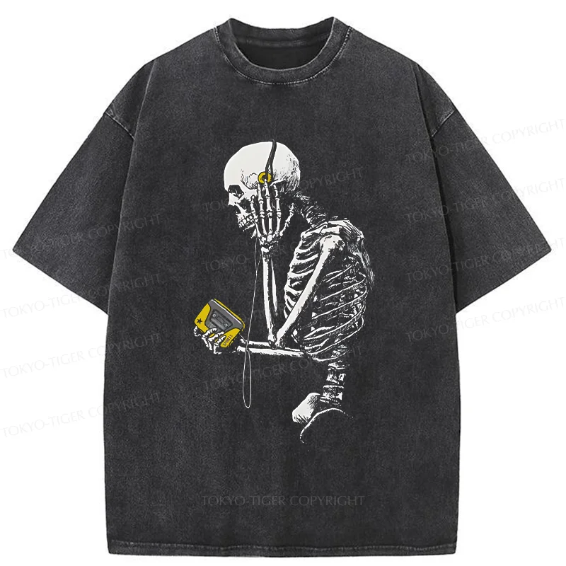 Tokyo-Tiger Skeleton Listening To Music Washed T-Shirt