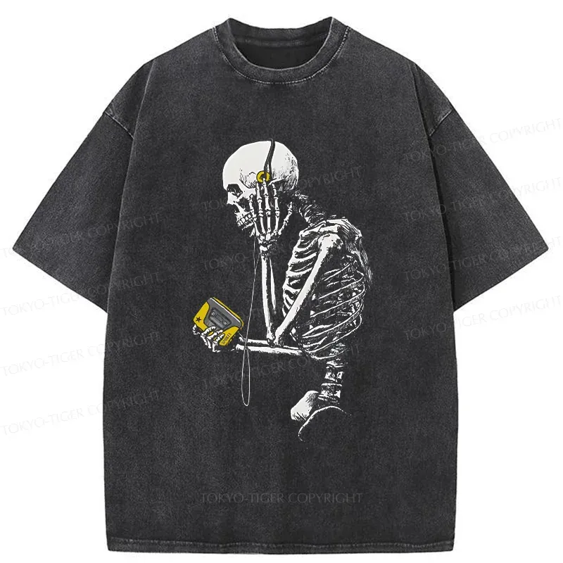 Tokyo-Tiger Skeleton Listening To Music Washed T-Shirt