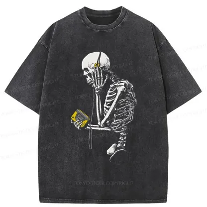 Tokyo-Tiger Skeleton Listening To Music Washed T-Shirt