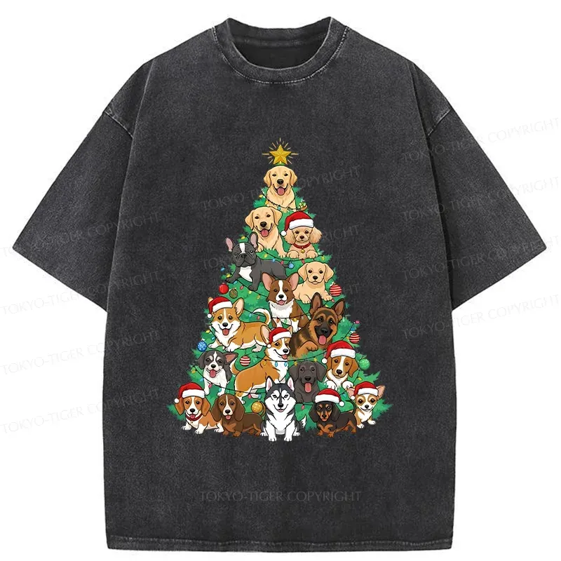 Tokyo-Tiger Christmas Tree Dog Funny Washed T-Shirt