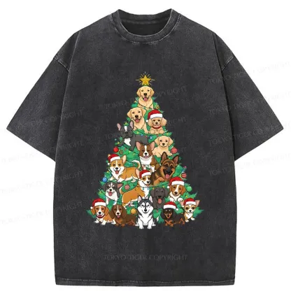 Tokyo-Tiger Christmas Tree Dog Funny Washed T-Shirt