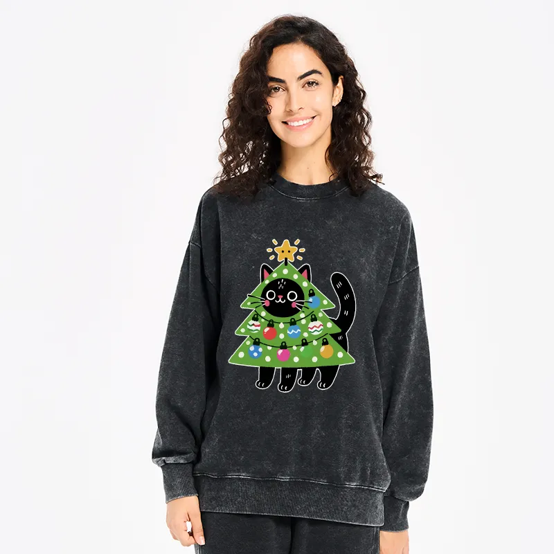 Tokyo-Tiger Christmas Tree Cat Washed Sweatshirt