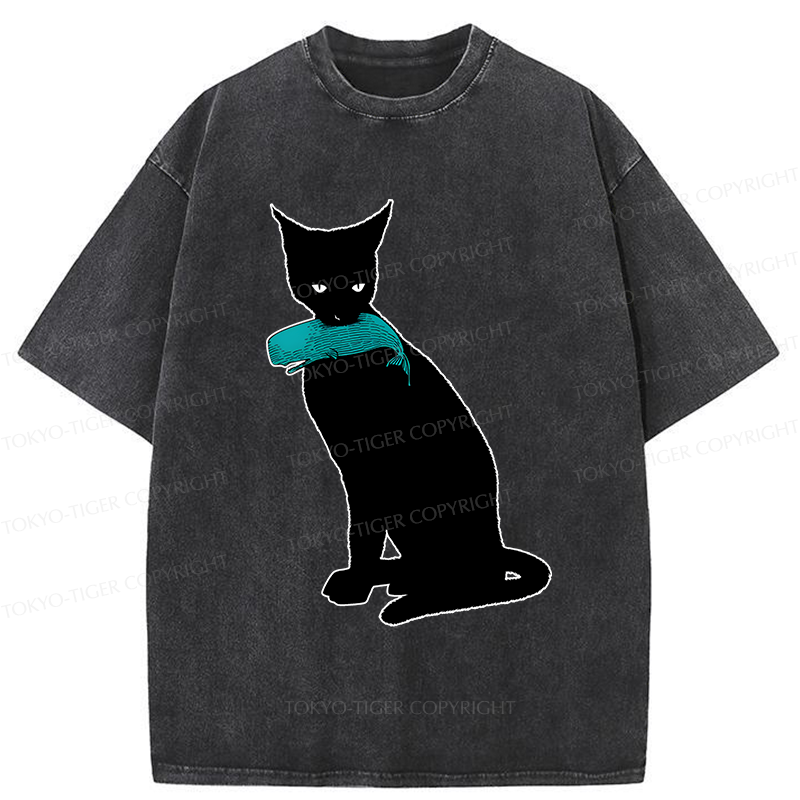 Tokyo-Tiger Cat Eats Whale Washed T-Shirt