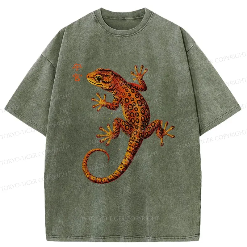 Tokyo-Tiger Retro Gecko Funny Washed T-Shirt
