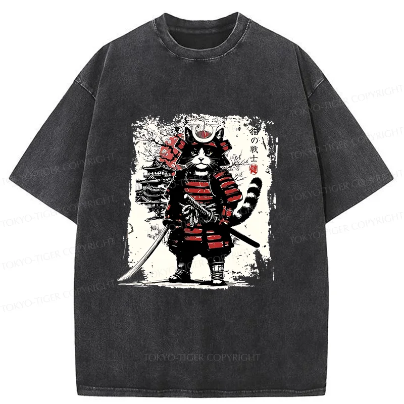 Tokyo-Tiger Retro Cat Japanese Samurai Washed T-Shirt
