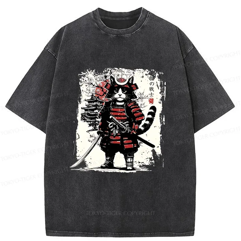 Tokyo-Tiger Retro Cat Japanese Samurai Washed T-Shirt