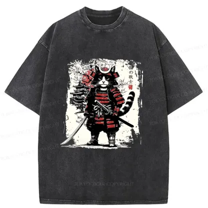Tokyo-Tiger Retro Cat Japanese Samurai Washed T-Shirt