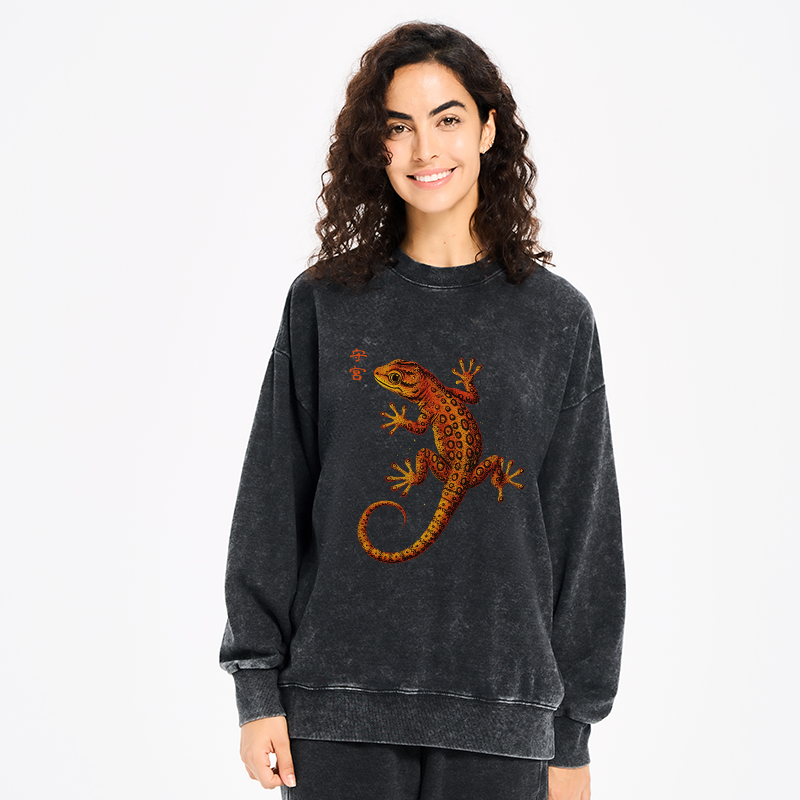 Tokyo-Tiger Retro Gecko Funny Washed Sweatshirt