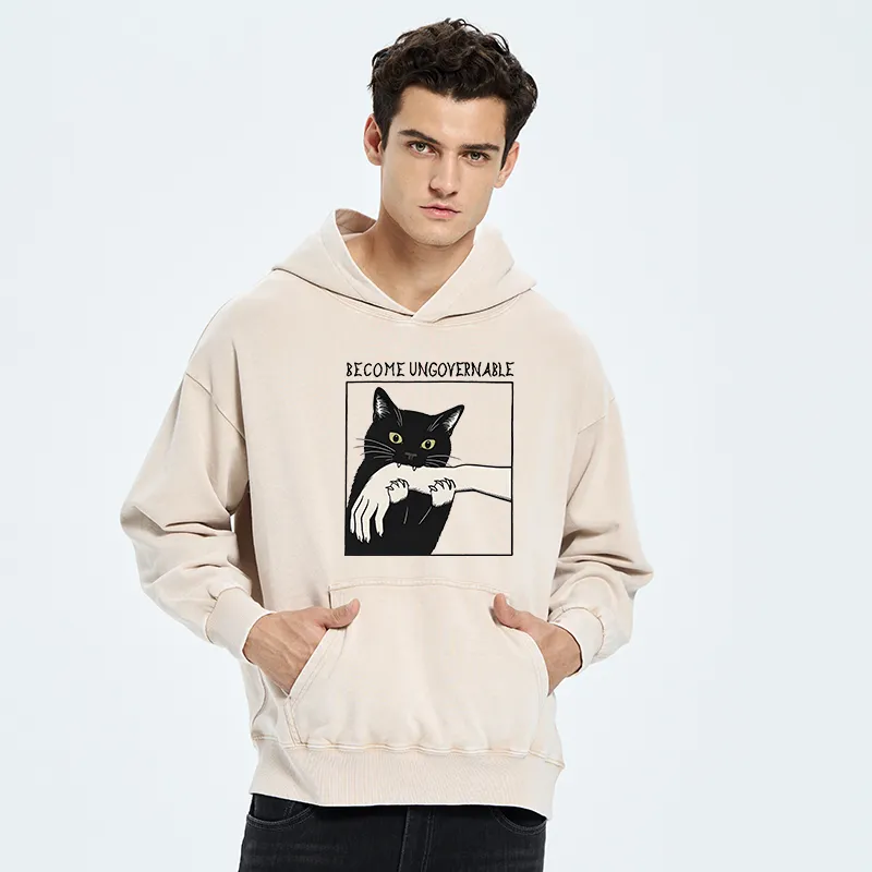 Tokyo-Tiger Black Cat Biting Washed Hoodie