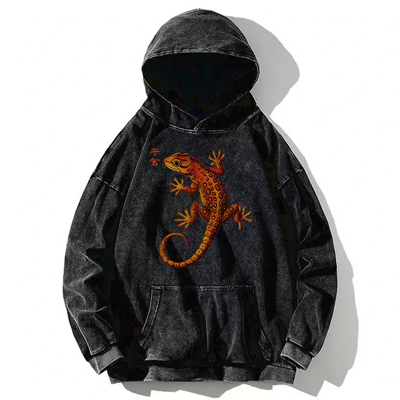 Tokyo-Tiger Retro Gecko Funny Washed Hoodie