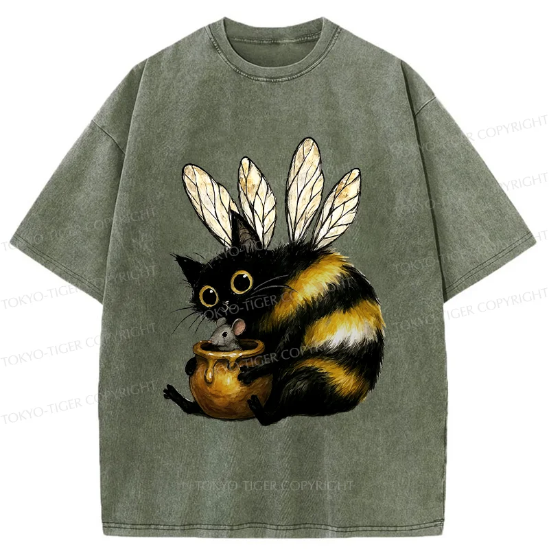 Tokyo-Tiger Cute CatBee Washed T-Shirt