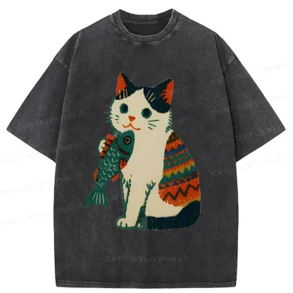 Tokyo-Tiger Retro Kitten Catching Fish Washed T-Shirt