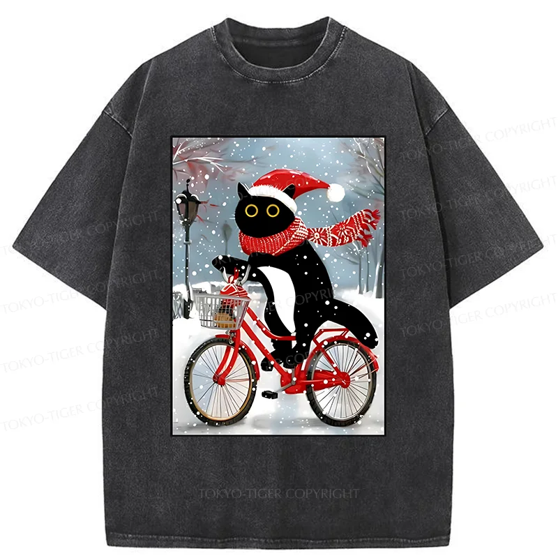 Tokyo-Tiger Black Cat Riding A Bicycle Washed T-Shirt