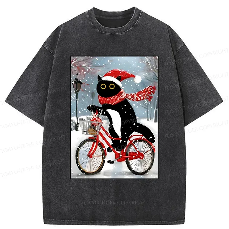 Tokyo-Tiger Black Cat Riding A Bicycle Washed T-Shirt