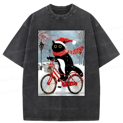 Tokyo-Tiger Black Cat Riding A Bicycle Washed T-Shirt