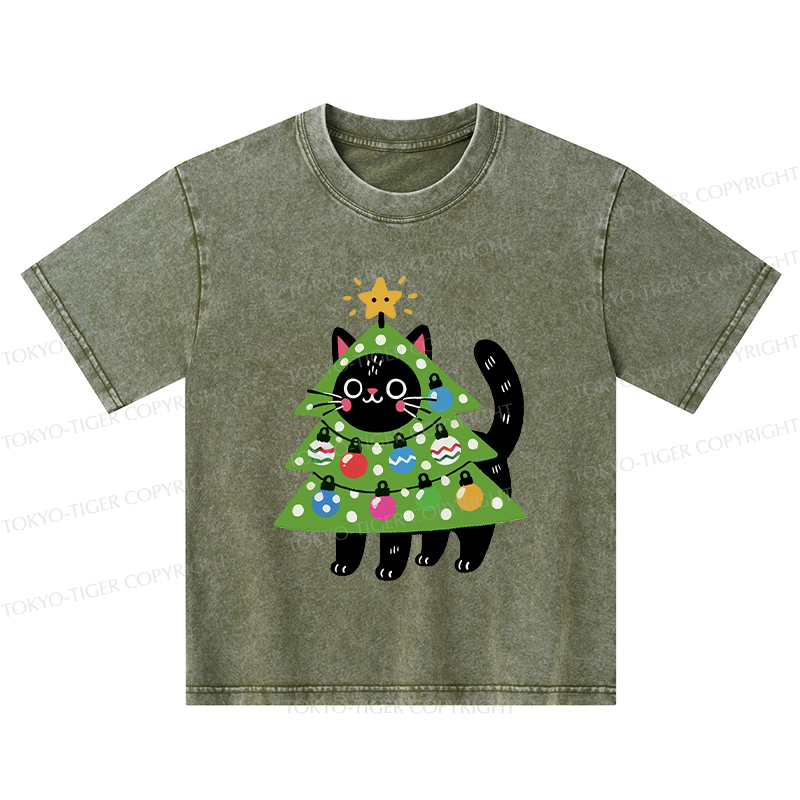 Tokyo-Tiger Christmas Tree Cat Kids Washed T-Shirt