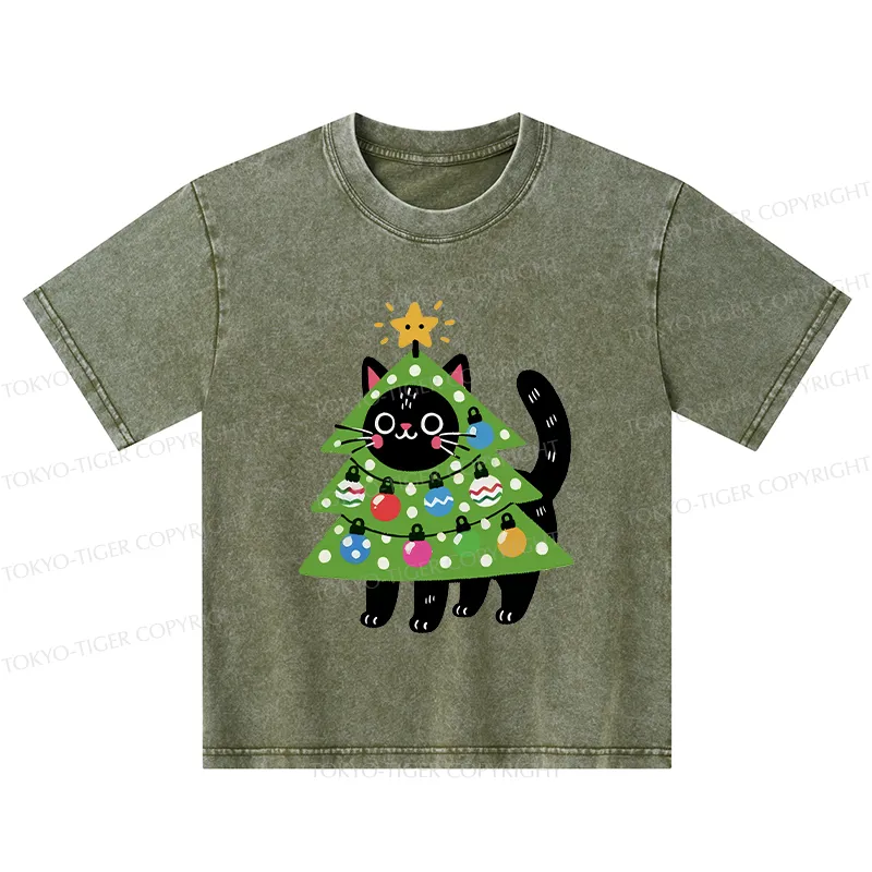 Tokyo-Tiger Christmas Tree Cat Kids Washed T-Shirt