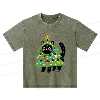 Tokyo-Tiger Christmas Tree Cat Kids Washed T-Shirt