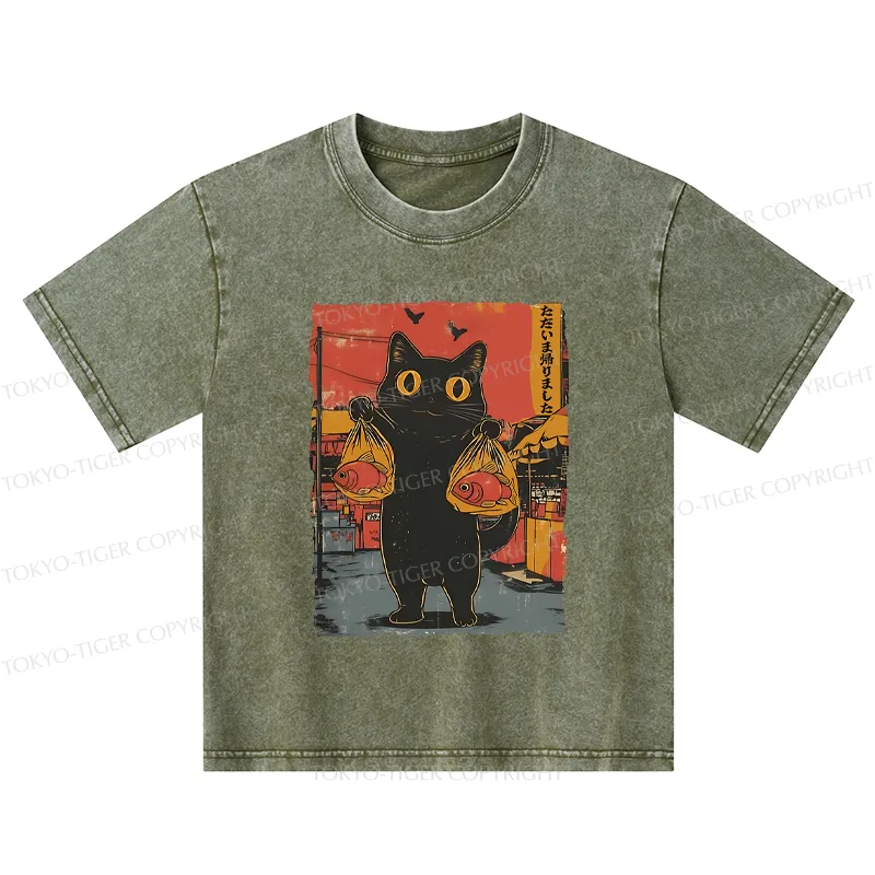 Tokyo-Tiger Cat Fishing Japanese Kids Washed T-Shirt