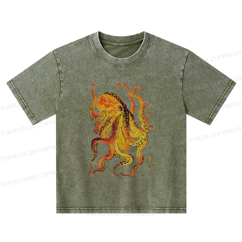 Tokyo-Tiger Deep Sea Gorgeous Octopus Kids Washed T-Shirt