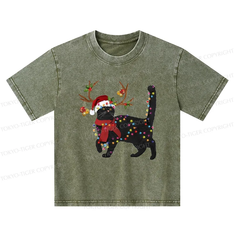 Tokyo-Tiger Christmas Black Cat Kids Washed T-Shirt