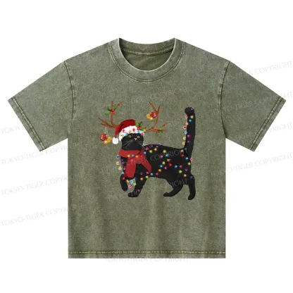 Tokyo-Tiger Christmas Black Cat Kids Washed T-Shirt