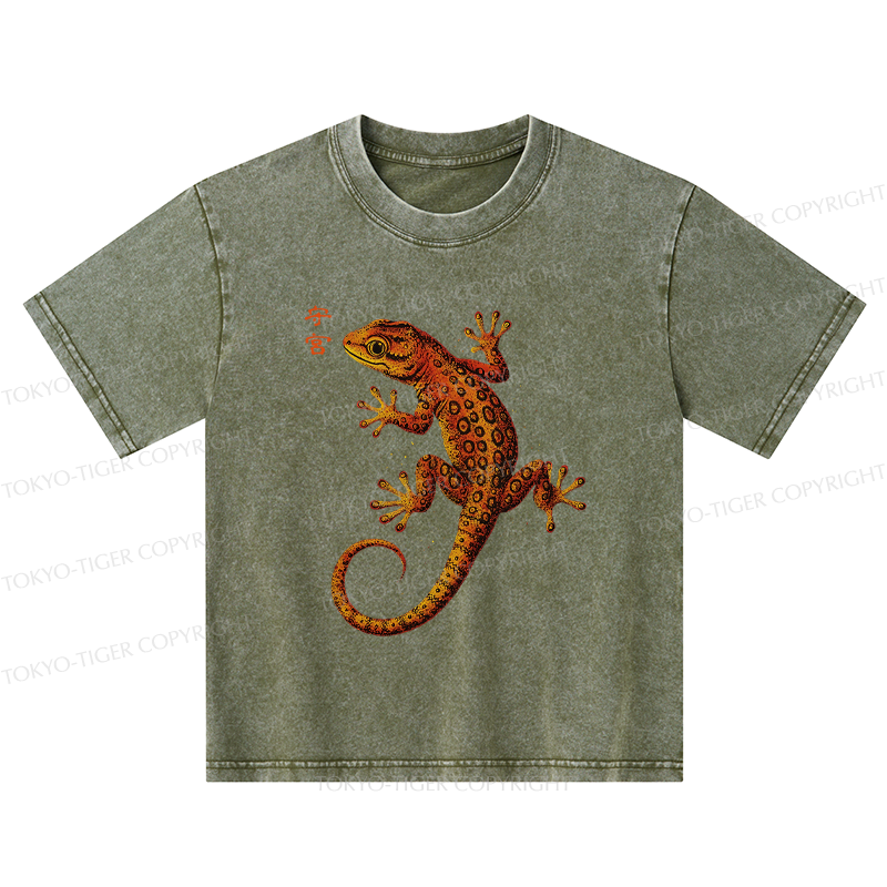 Tokyo-Tiger Retro Gecko Funny Kids Washed T-Shirt