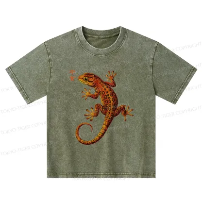 Tokyo-Tiger Retro Gecko Funny Kids Washed T-Shirt