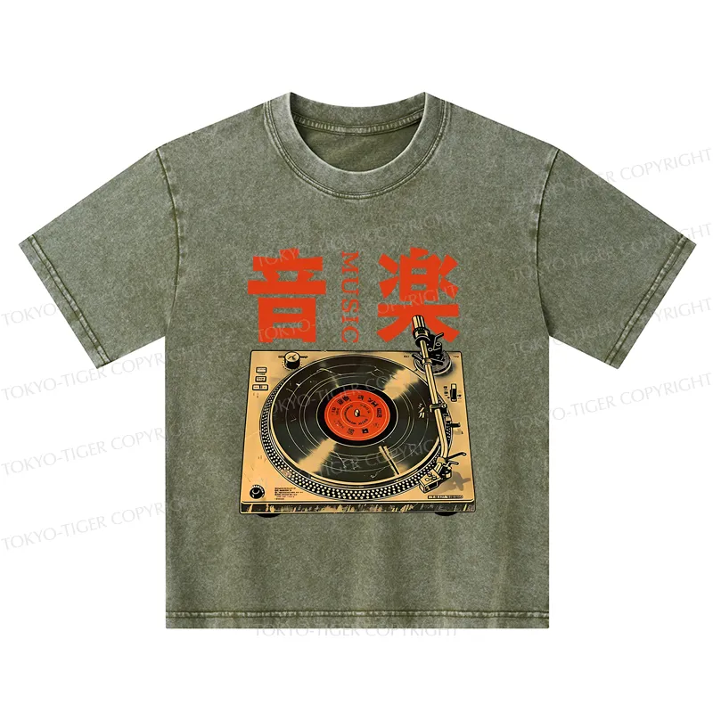 Tokyo-Tiger Retro Music Record Player Kids Washed T-Shirt