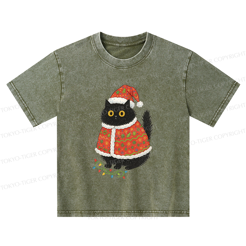 Tokyo-Tiger Cat Wearing Santa Hat Kids Washed T-Shirt