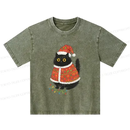 Tokyo-Tiger Cat Wearing Santa Hat Kids Washed T-Shirt