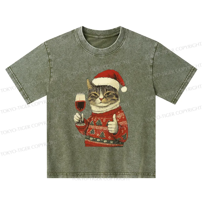 Tokyo-Tiger Christmas Cat Likes Kids Washed T-Shirt