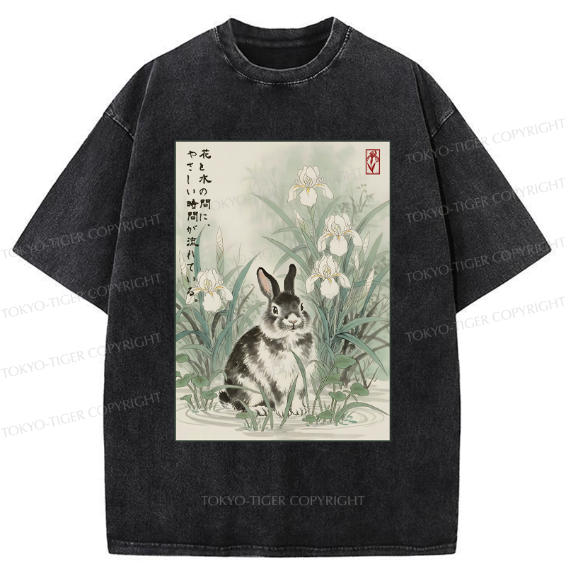 Tokyo-Tiger Little Rabbit Beneath the Blooming Irises Washed T-Shirt