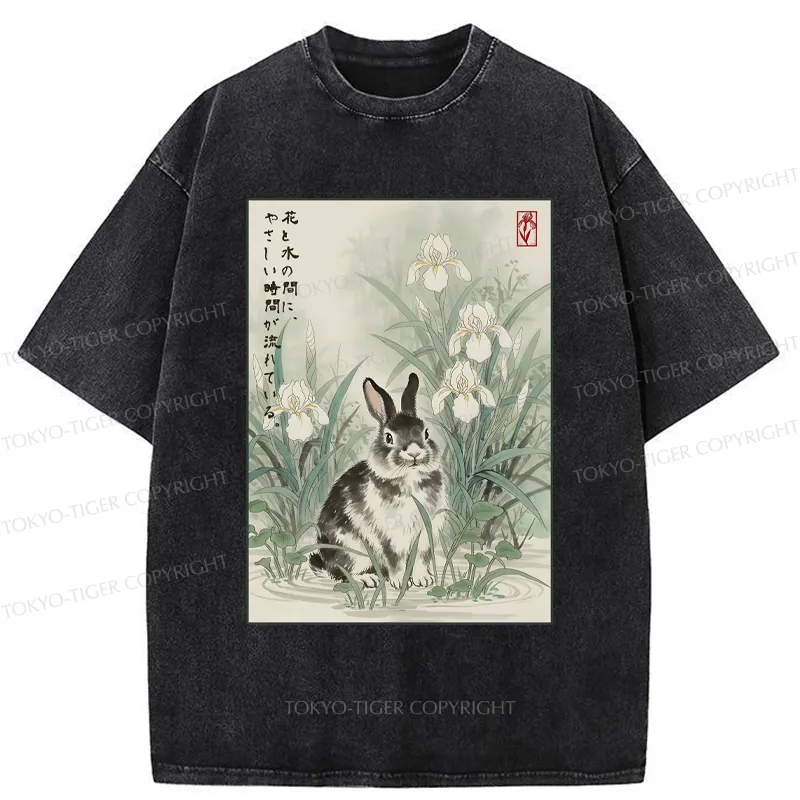 Tokyo-Tiger Little Rabbit Beneath the Blooming Irises Washed T-Shirt