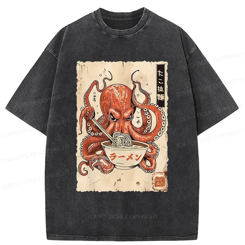 Tokyo-Tiger Retro Octopus Eating Ramen Washed T-Shirt