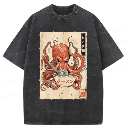 Tokyo-Tiger Retro Octopus Eating Ramen Washed T-Shirt